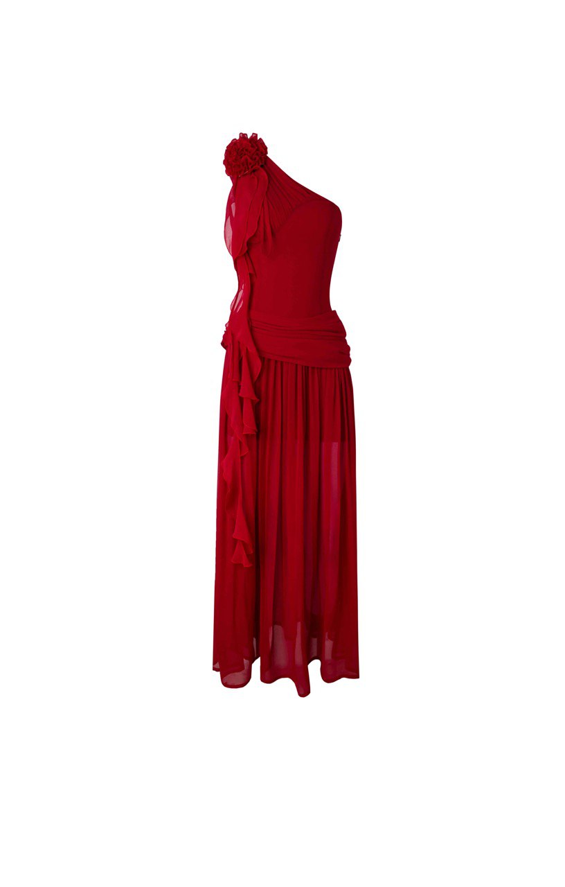 Greek-Inspired Red Princess Dress with Belted Flower Pendant – Sexy Vacation Maxi Dress-SH-TRD-003