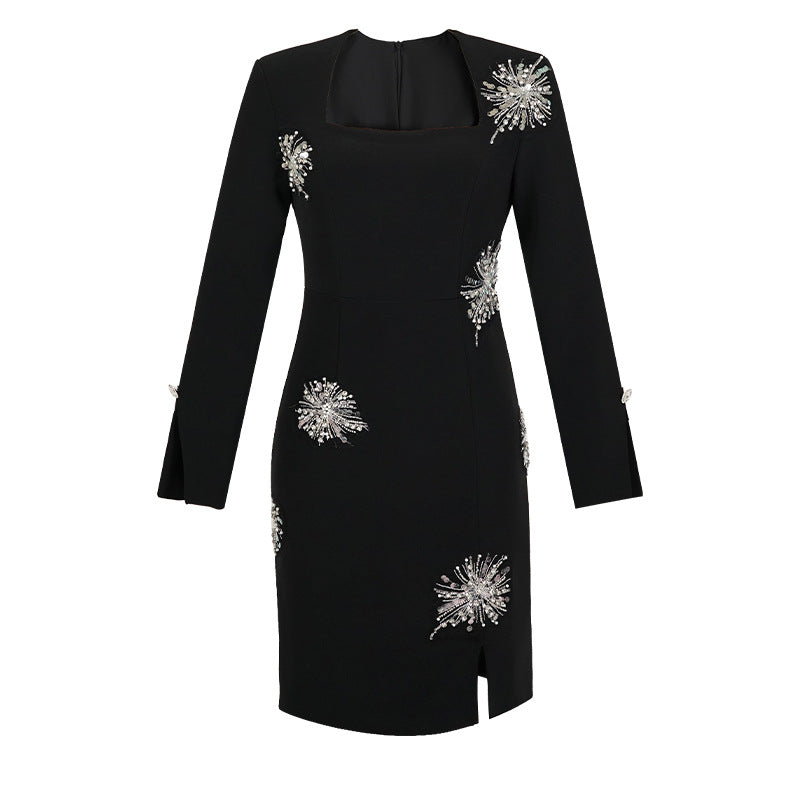 Black Diamond-Encrusted Square Neck Sheath Dress – Elegant Long Sleeve Evening Look-SH-DR-0117