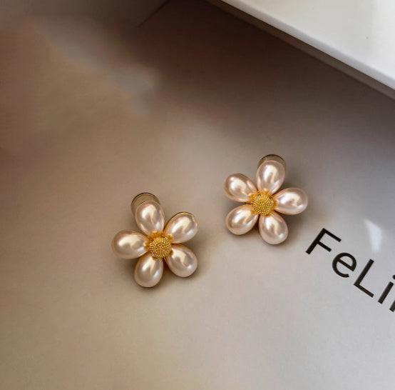 Sterling Silver Needle Flower Pearl Stud Earrings – Elegant Floral Design for Women-SH-FJ-002