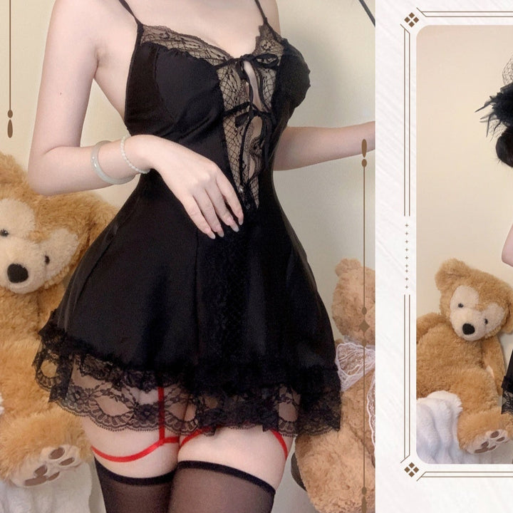 Lace Seduction Slip Nightdress – Sleeveless Ice Silk Lingerie for Women-SH-LNG-0126