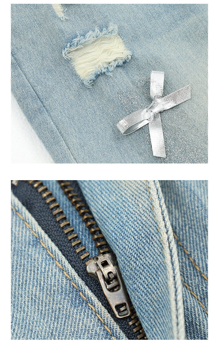 Retro Bow Wide-Leg Ripped Jeans – High Waist Straight-Leg Pants -SH-BT-021