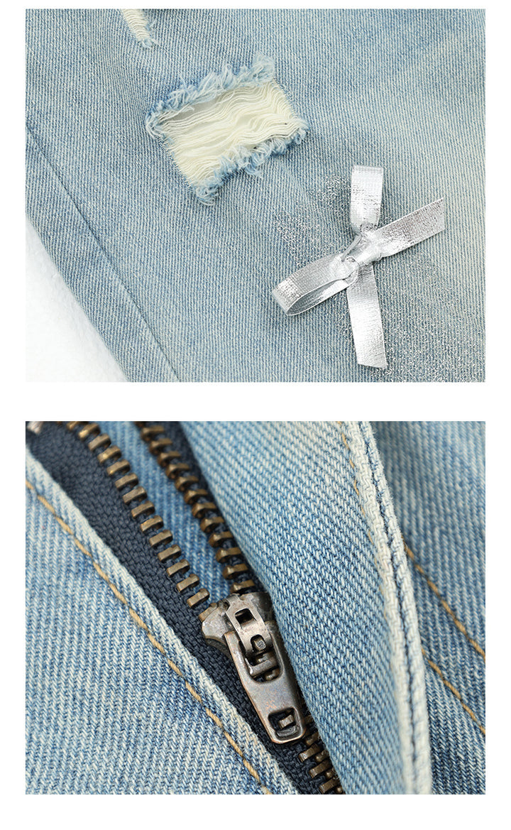 Retro Bow Wide-Leg Ripped Jeans – High Waist Straight-Leg Pants -SH-BT-021