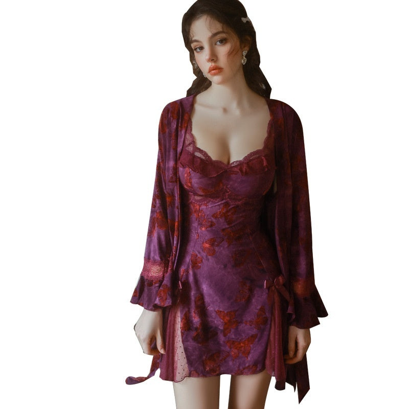 Sweet Butterfly Print Deep V Backless Nightdress with Chest Pad – Sexy & Comfortable Loungewear-SH-LNG-0121