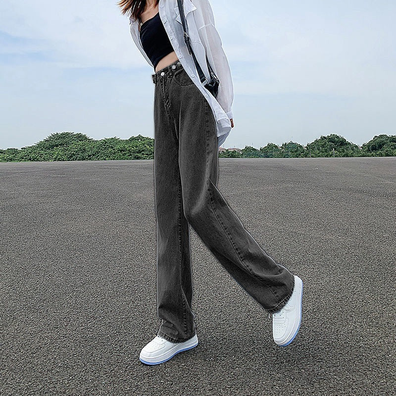 Women's High Waist Adjustable Straight Jeans – Loose Fit Cotton Denim Pants-SH-BT-009