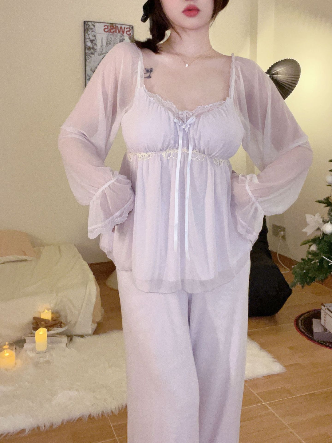 طقم بيجامات Pure Desire Homewear من الدانتيل والمودال يمكن ارتداؤه في الخارج
