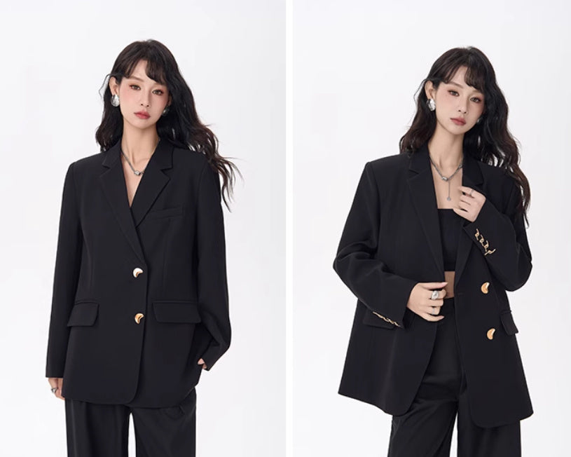 Women's Loose Fit Plaid Blazer – Black Single-Breasted Checkered Suit Jacket-SH-TOP-004