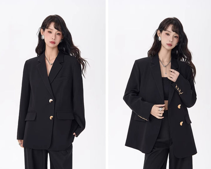 Women's Loose Fit Plaid Blazer – Black Single-Breasted Checkered Suit Jacket-SH-TOP-004