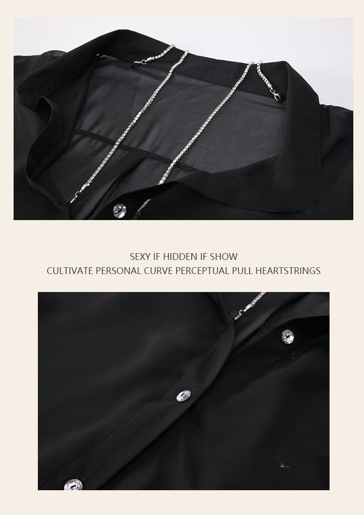 See-through Rhinestone Shoulder Strap Boyfriend Style Shirt – Chic Mesh Top-SH-LNG-0114