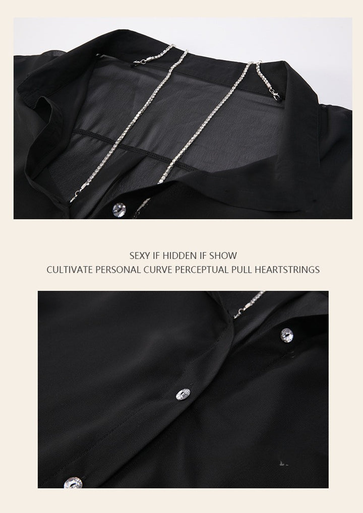 See-through Rhinestone Shoulder Strap Boyfriend Style Shirt – Chic Mesh Top-SH-LNG-0114