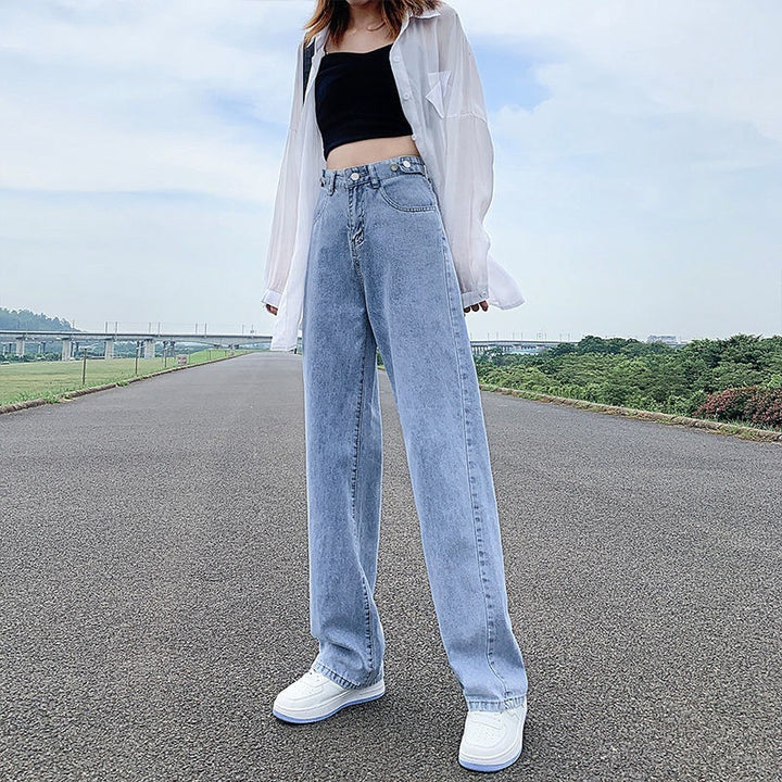 Women's High Waist Adjustable Straight Jeans – Loose Fit Cotton Denim Pants-SH-BT-009