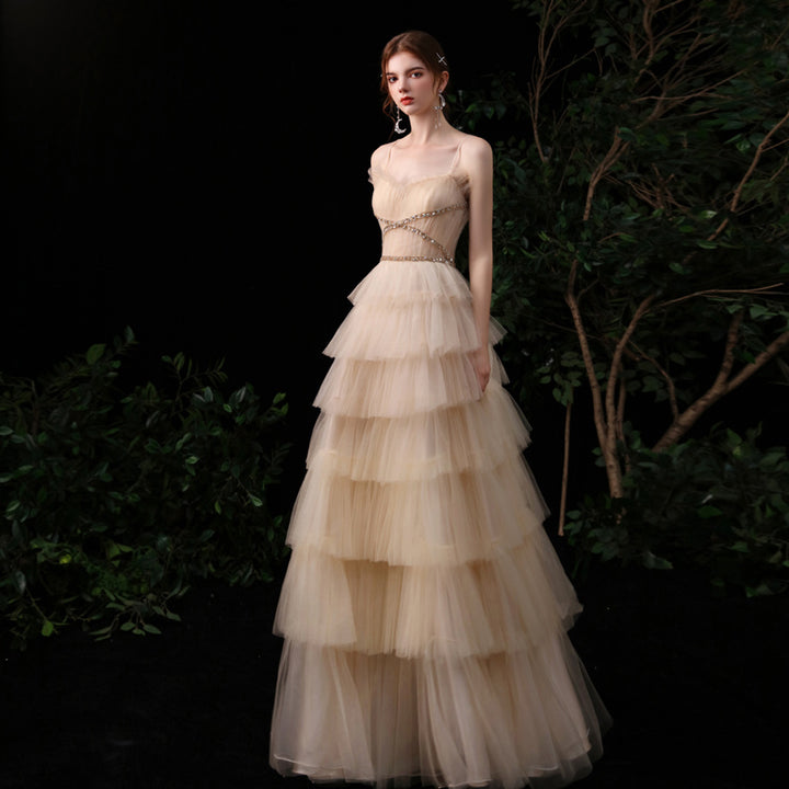 Gold Suspender Strapless Evening Dress Female Banquet Temperament Host