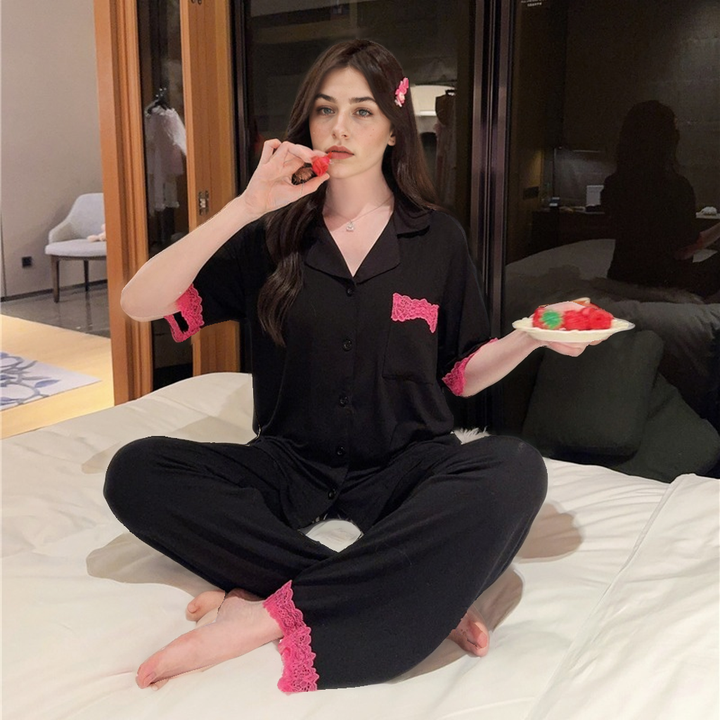 Thin Modal Short Sleeve Trousers Suit – Breathable & Comfortable Homewear for Women-SH-PJS-0100