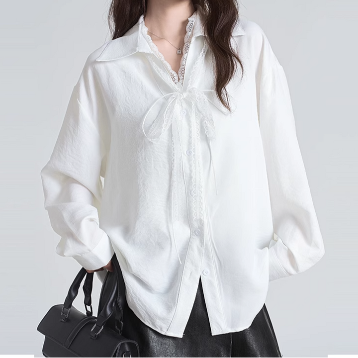 Lace Streamer Long Sleeve Blouse – White | Elegant & Feminine-SH-TOP-003