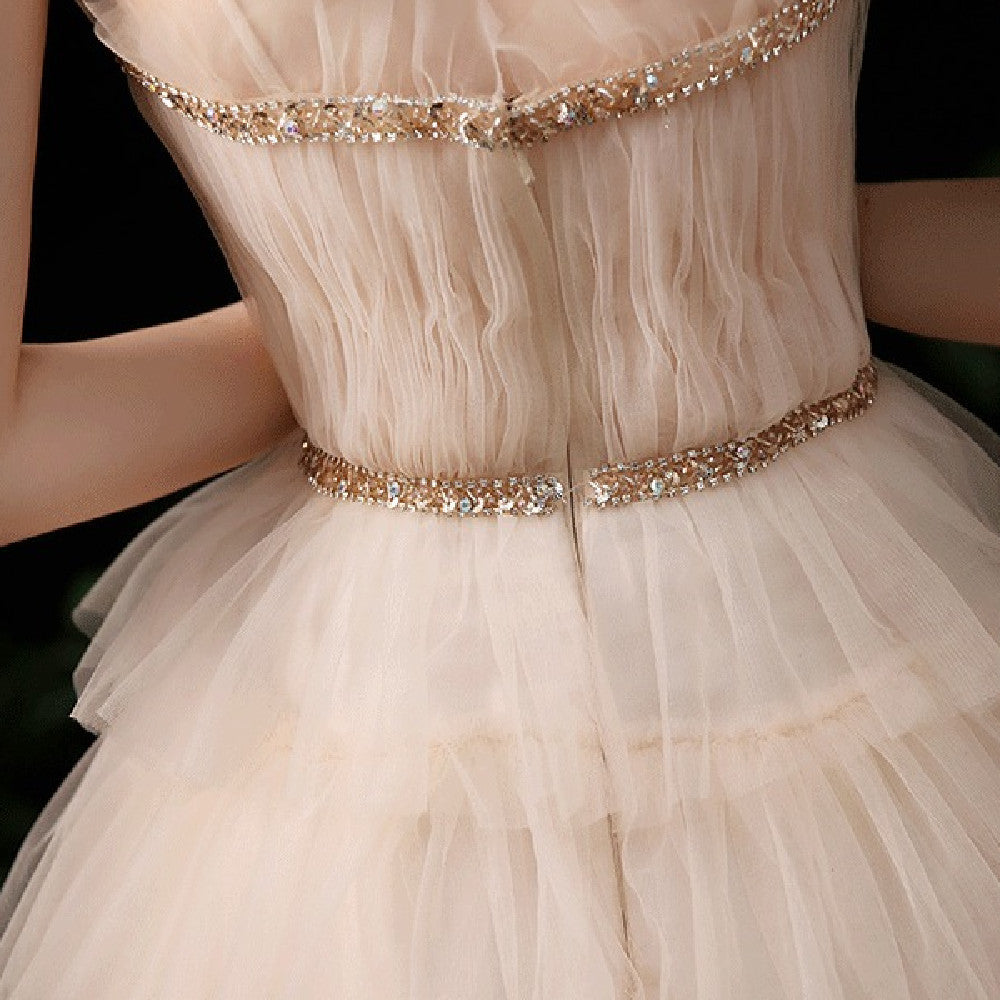 Gold Suspender Strapless Evening Dress Female Banquet Temperament Host
