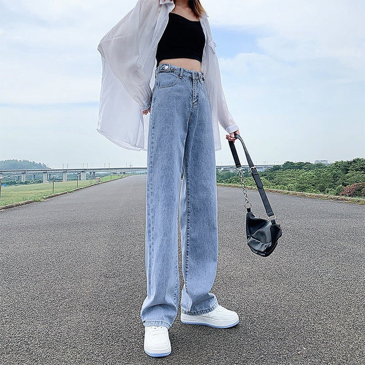 Women's High Waist Adjustable Straight Jeans – Loose Fit Cotton Denim Pants-SH-BT-009