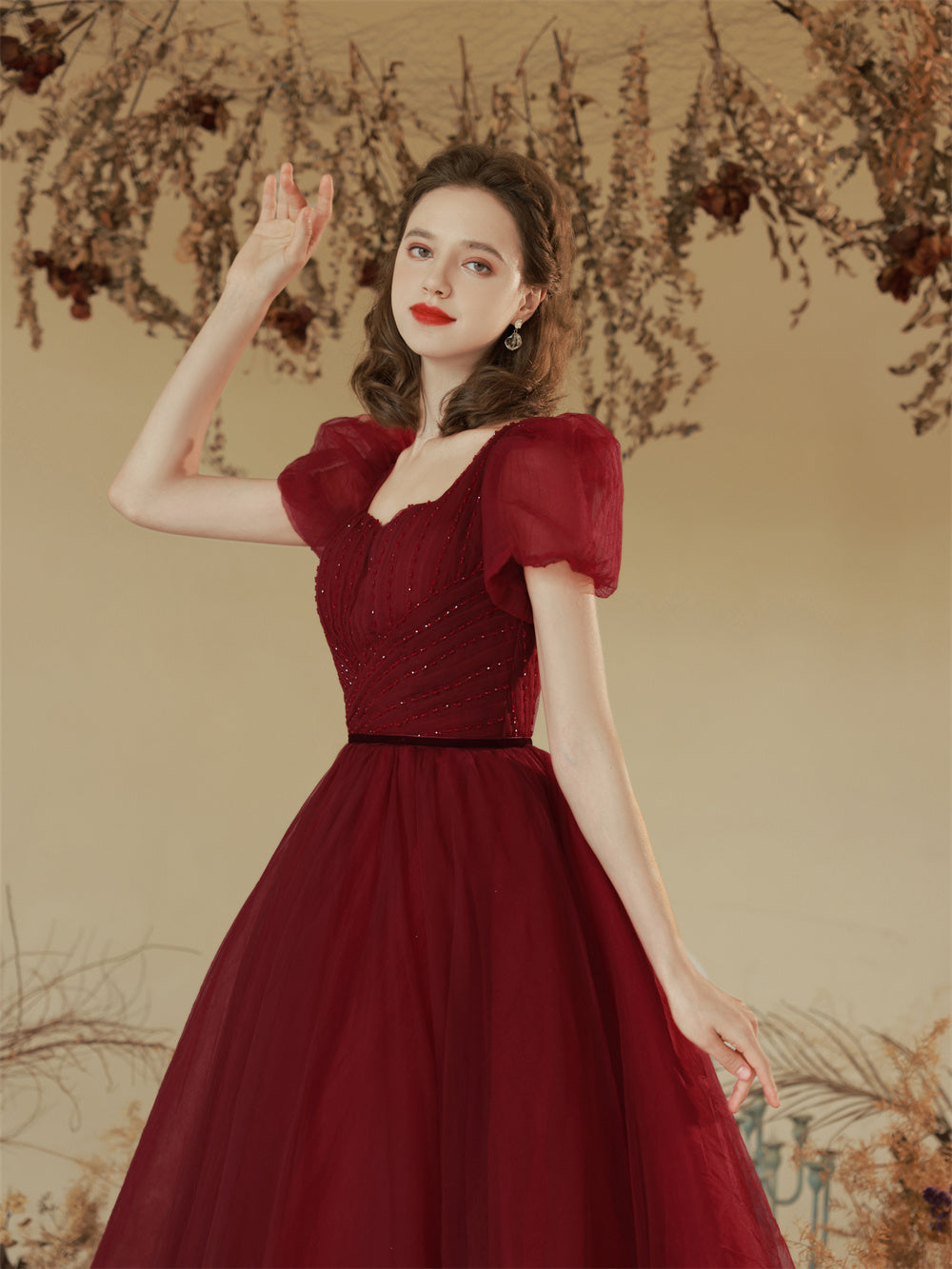 Solid Color Toast Clothing Wine Red Puff Sleeves - JOcaste