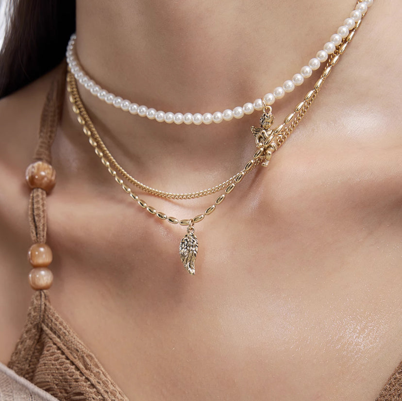 Retro Angel Pearl Feather Necklace – Fog Gold Clavicle Chain with Extension-SH-FJ-015