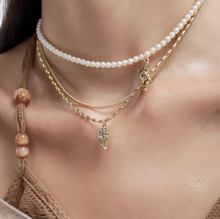 Retro Angel Pearl Feather Necklace – Fog Gold Clavicle Chain with Extension-SH-FJ-015