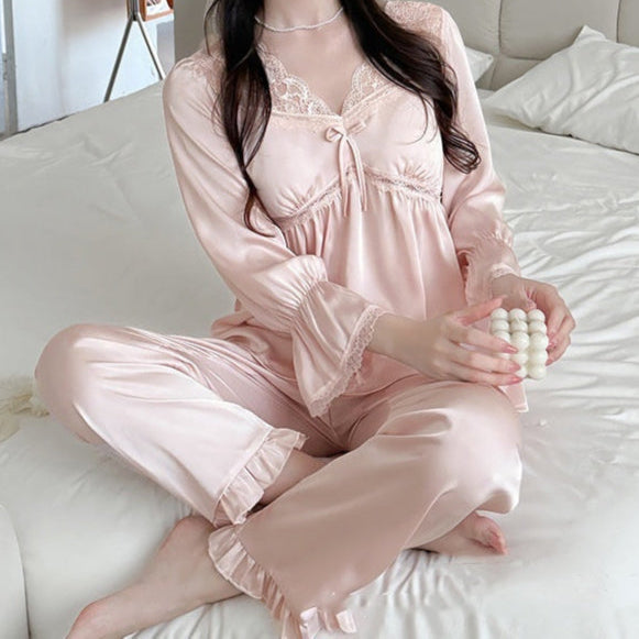 Women's French Style Ice Silk Long Sleeve Pajamas Set-SH-PJS-0120