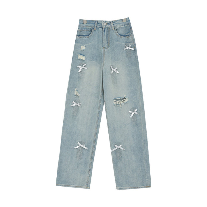 Retro Bow Wide-Leg Ripped Jeans – High Waist Straight-Leg Pants -SH-BT-021