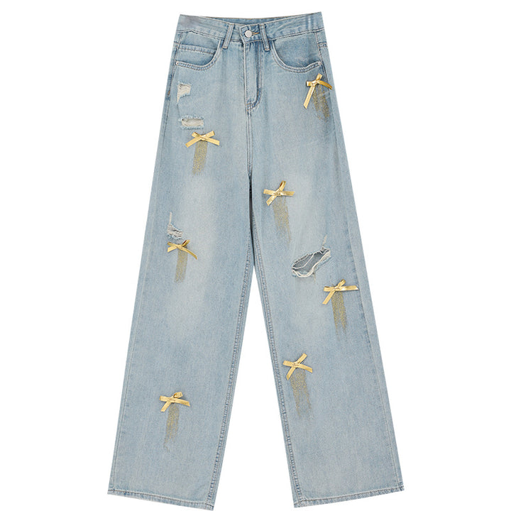 Retro Bow Wide-Leg Ripped Jeans – High Waist Straight-Leg Pants -SH-BT-021