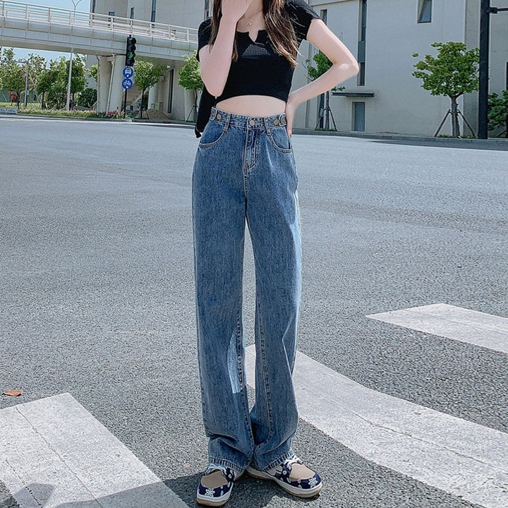 Women's High Waist Adjustable Straight Jeans – Loose Fit Cotton Denim Pants-SH-BT-009