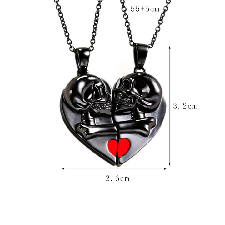 Punk Retro Skull Pendant Halloween Necklace Heart-shaped Magnetic Stitching Love Skull Couple Necklace - JOcaste