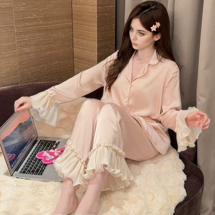 Ice Silk Ruffled Pajama Set – Women's Retro Court Style Sleepwear (Top & Pants)-SH-PJS-0121