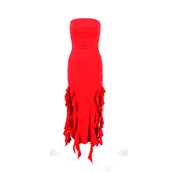 Women's Ruffled Tube Top Dress with Side Slit – High Waist Strapless Pullover Gown-SH-TRD-004
