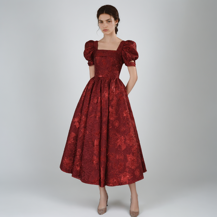 Elegant Puff Sleeve Satin Engagement Dress – Wine Red-SH-WD-0457
