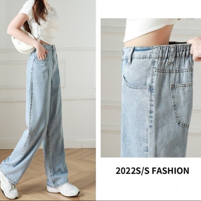Women’s High-Waist Wide-Leg Jeans – Elastic Waist, Summer Lightweight Denim-SH-BT-019