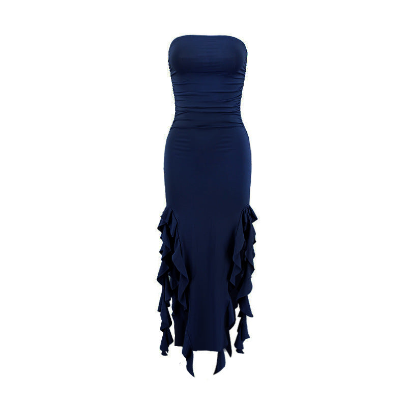Women's Ruffled Tube Top Dress with Side Slit – High Waist Strapless Pullover Gown-SH-TRD-004