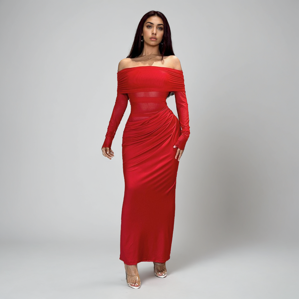 Off-Shoulder Mesh Hollow Dress – Black High Waist Long Sleeve Bodycon Dress for Women-SH-TRD-001