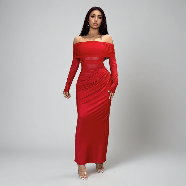 Off-Shoulder Mesh Hollow Dress – Black High Waist Long Sleeve Bodycon Dress for Women-SH-TRD-001
