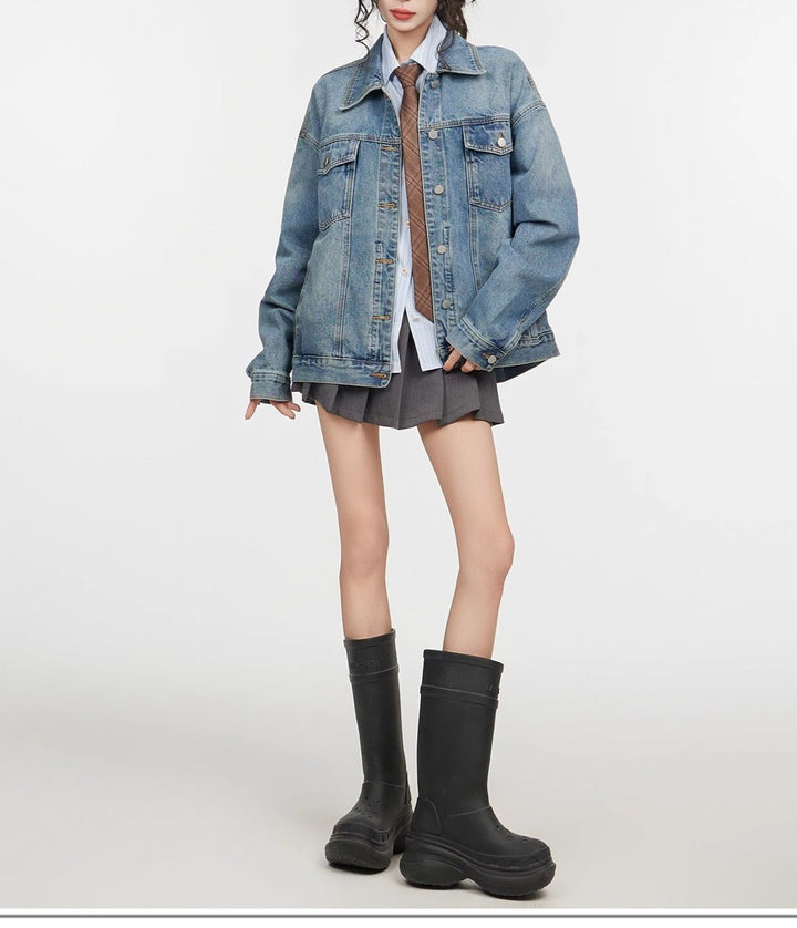 Women’s Retro Blue Loose Denim Coat – Long Sleeve Polo Collar Jacket-SH-TOP-001