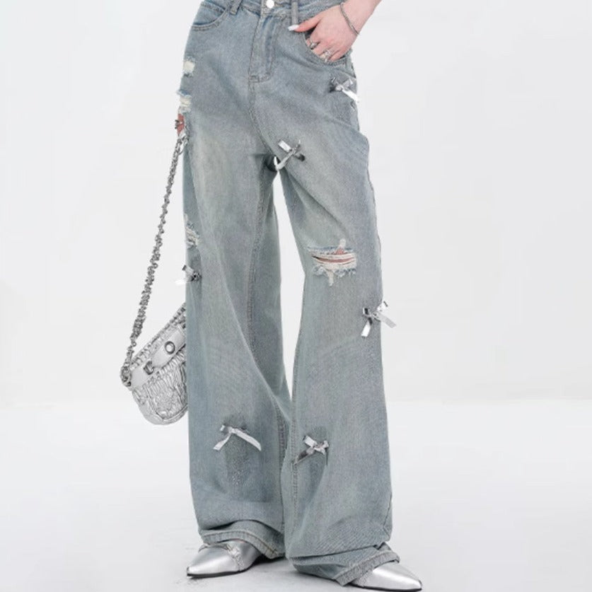Retro Bow Wide-Leg Ripped Jeans – High Waist Straight-Leg Pants -SH-BT-021