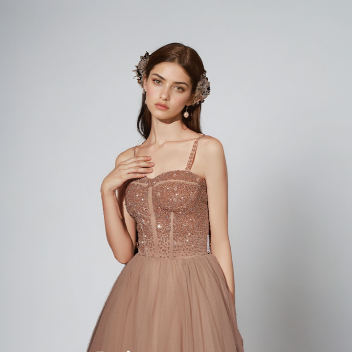 Golden Sleeveless Suspender Dinner Dress – Crystal Beaded Elegant Gown for Women-SH-WD-0413 - JOcaste