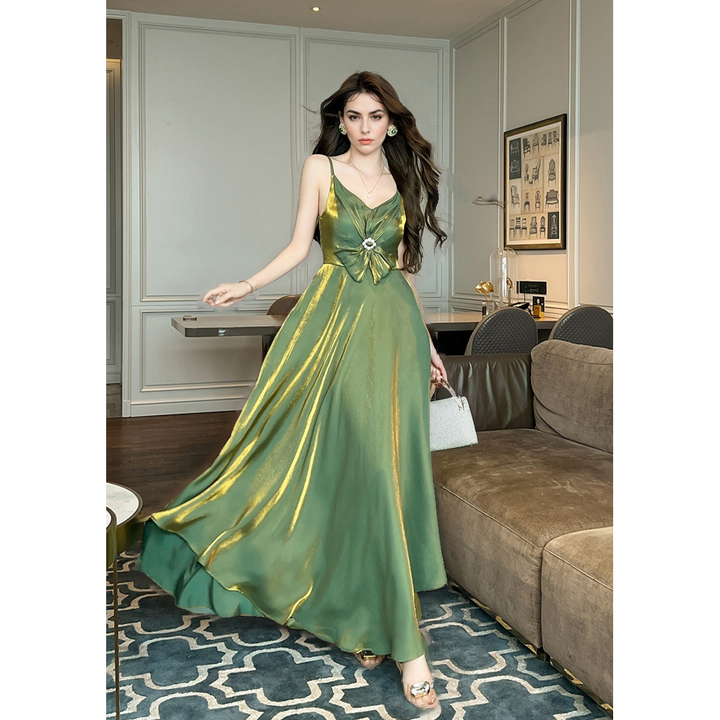 Streamer Green Irregular Swing Sling Dress – High Waist Sleeveless Summer Elegance-SH-DR-0118