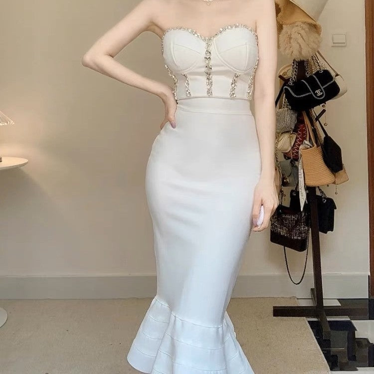 Rhinestone Fishtail Gown – Waist-Tight Sleeveless Evening Dress with Lotus Leaf Hem-SH-DR-0128
