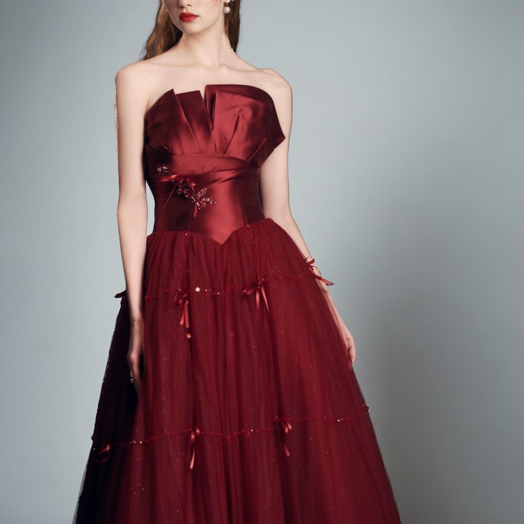 Women’s Wine Red Beaded Tube Top Gown-SH-WD-0459