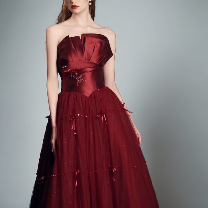 Women’s Wine Red Beaded Tube Top Gown-SH-WD-0459