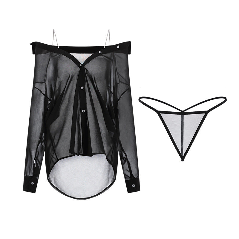 See-through Rhinestone Shoulder Strap Boyfriend Style Shirt – Chic Mesh Top-SH-LNG-0114