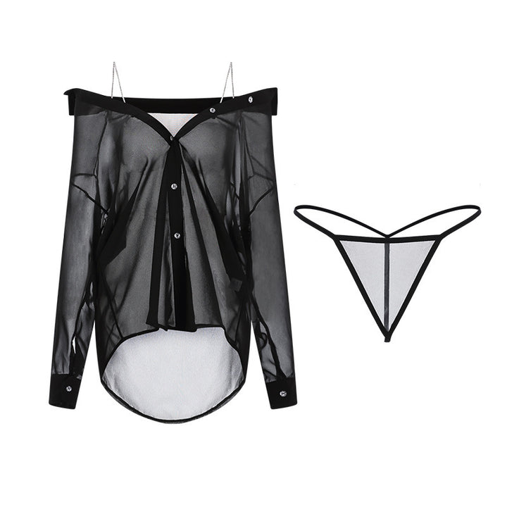 See-through Rhinestone Shoulder Strap Boyfriend Style Shirt – Chic Mesh Top-SH-LNG-0114