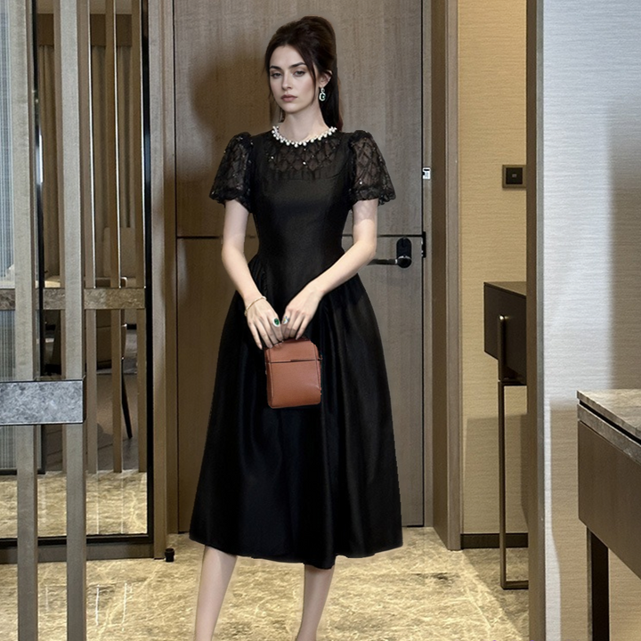 Retro Slimming Hepburn Style Little Black Dress – Elegant Short Sleeve Classic-SH-DR-0121