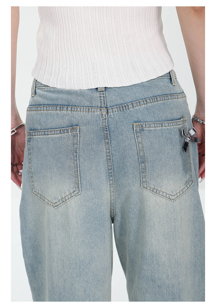 Retro Bow Wide-Leg Ripped Jeans – High Waist Straight-Leg Pants -SH-BT-021