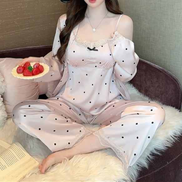 Luxury Women's Ice Silk Polka Dot Pajama Set with Lace – 3-Piece Sleepwear-SH-PJS-0115