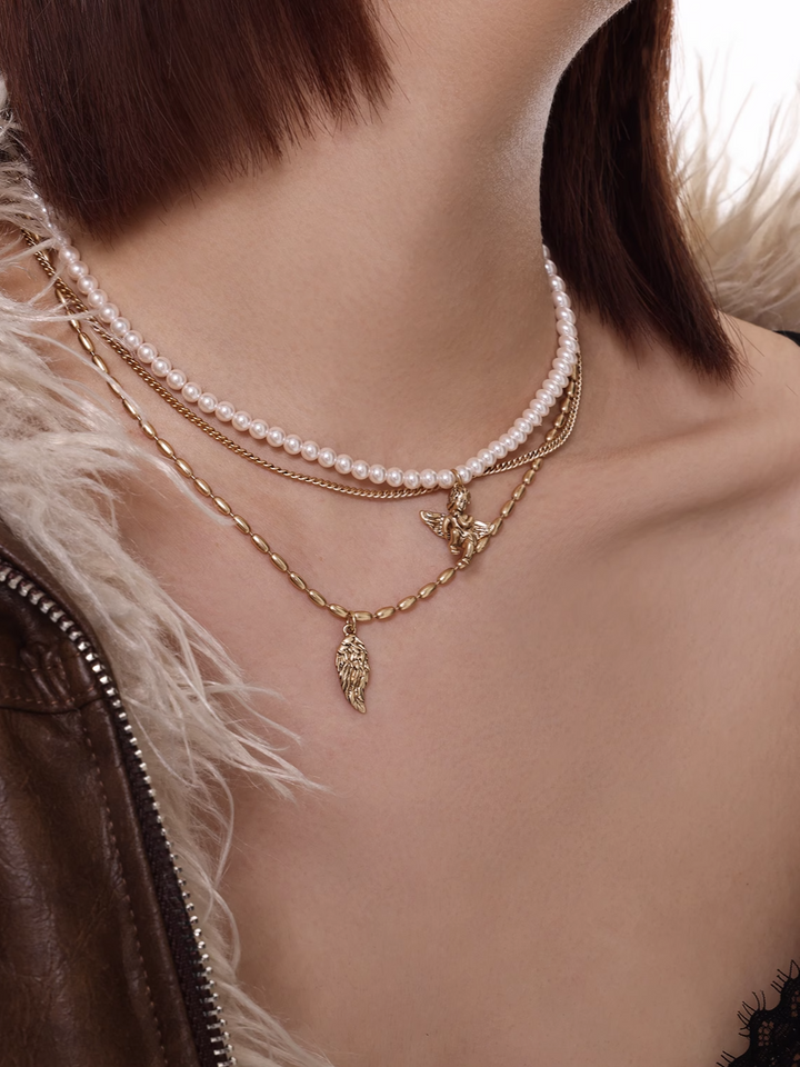 Retro Angel Pearl Feather Necklace – Fog Gold Clavicle Chain with Extension-SH-FJ-015