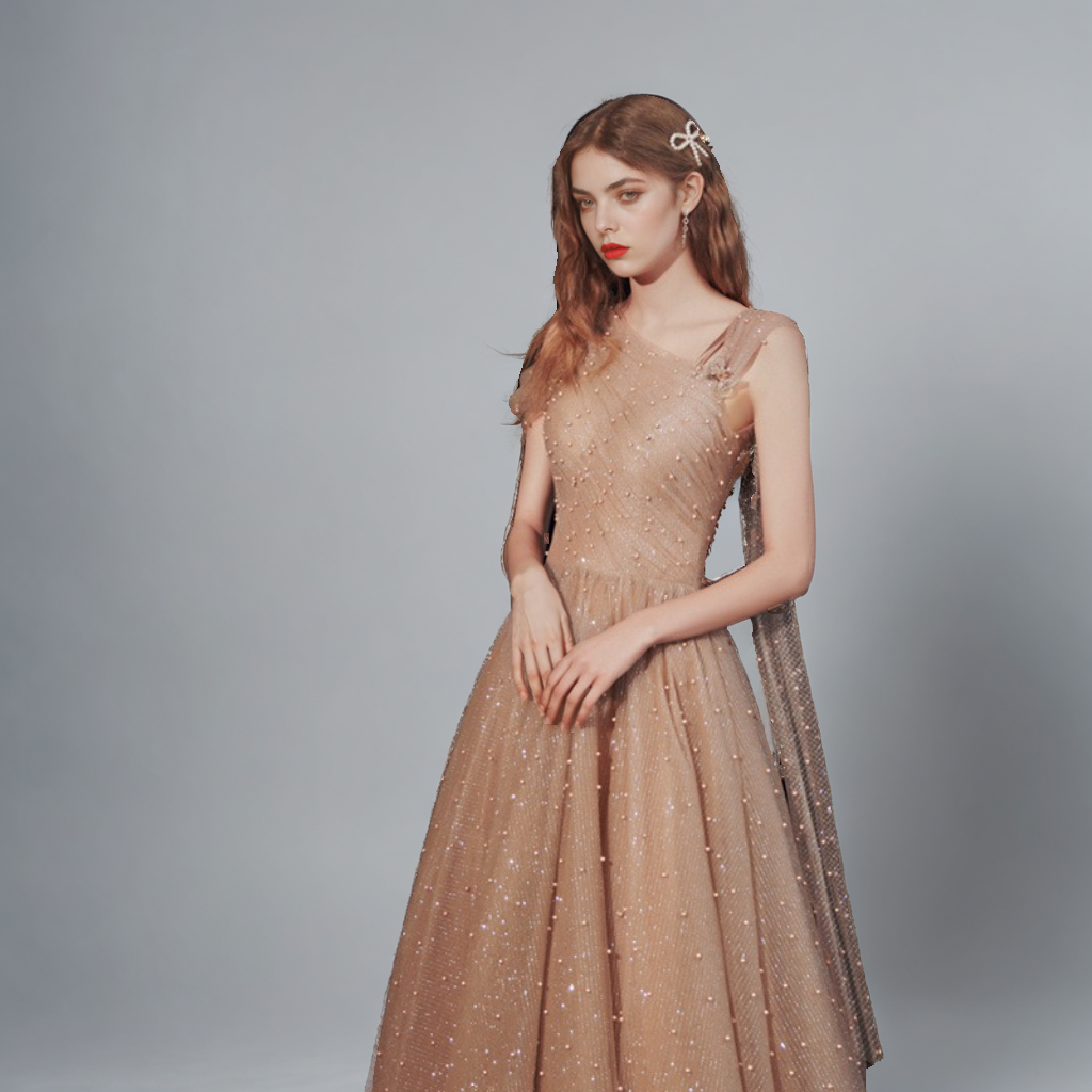 Elegant Brown Tulle Long Evening Dress – Bridal, Wedding Host & Performance Gown | XS–L