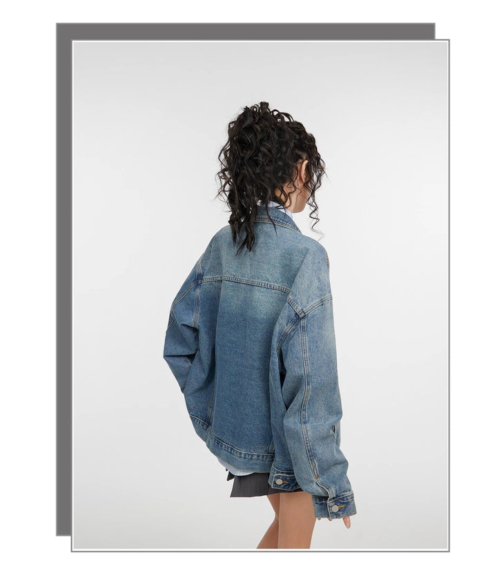 Women’s Retro Blue Loose Denim Coat – Long Sleeve Polo Collar Jacket-SH-TOP-001
