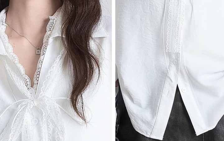Lace Streamer Long Sleeve Blouse – White | Elegant & Feminine-SH-TOP-003